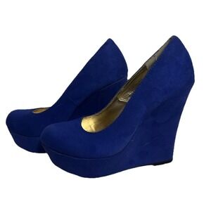 MASSIMO Royal Blue Faux Suede Round Toe Platform Pumps Wedge Slip-On Heel 9.5